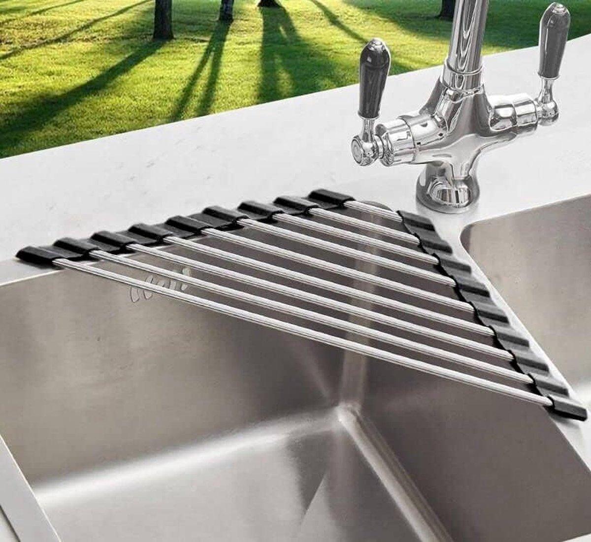 Goedkoopste Multifunctioneel oprolbaar afdruiprek, keukenspoelbak, oprolbaar afdruiprek, inklapbare roestvrijstalen spoelbak, telescopische afdruipmand, servies voor kopjes, fruit, groenten (zwart