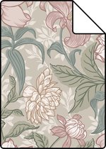 Proefstaal ESTAhome behangpapier vintage bloemen oudroze en vergrijsd groen - 139377 - 26,5 x 21 cm