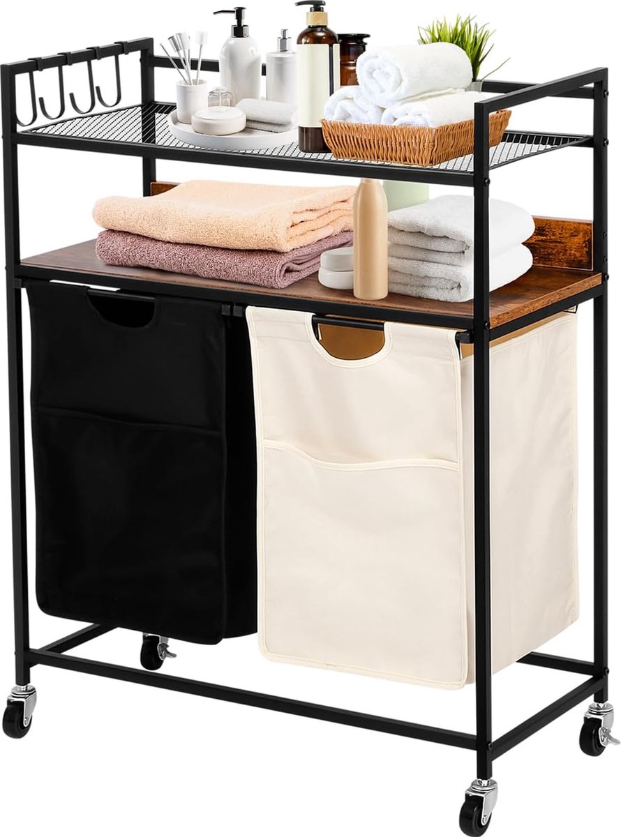 Goedkoopste Wasmand, wasmand, 2 vakken, 2 planken, metalen frame, wassorteerder, wasmand voor badkamer, vintage bruin (zwart wit