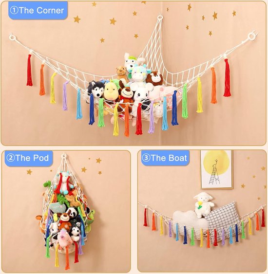 188 x 145 x 145 cm, speelgoedopbergknuffel, macramé knuffelhangmat, kinderkamer hangende speelgoedorganizer voor 40 ~ 80 stuks knuffels, regenboog