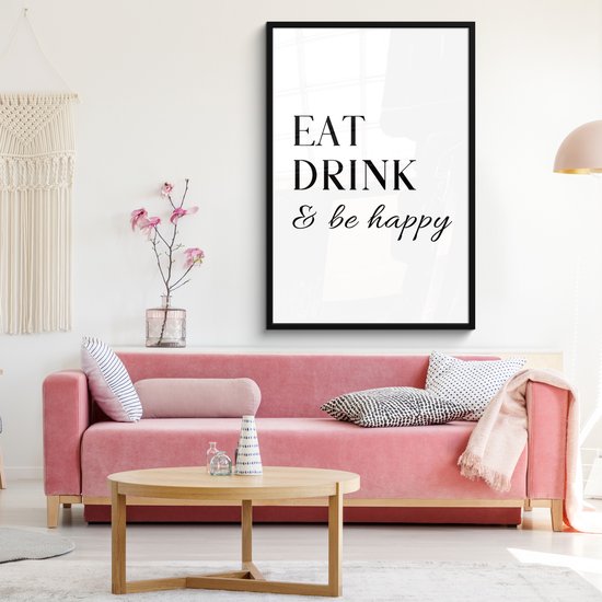 Cadre photo avec affiche - Cadre pour affiche 80x120 cm - Posters - Citation - 'Eat, Drink & be happy' - Zwart - Wit - Photo dans cadre - Décoration murale de Cuisine - Accessoires de Décoration murale - Décoration murale - Peintures