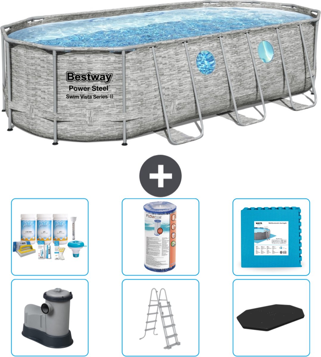 Bestway Ovaal Power Steel Swim Vista Zwembad - Steenprint - 549 x 274 x 122 - Inclusief Pomp - Ladder - Afdekzeil Onderhoudspakket - Filter - Vloertegels