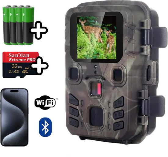 Foto: Wildcamera nachtzicht full hd incl 4 batterijen 32gb geheugenkaart voor buiten app wifi bluetooth wild camera en nachtcamera sensor wildlife camera s voor buiten dieren nacht draadloos