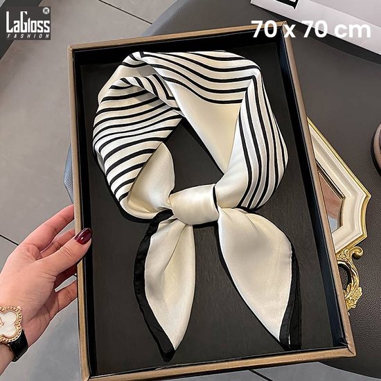 LaGloss® Luxe Vintage Zwart Witte Gestreepte Sjaal - Winddicht & Zonbeschermend - Hoofddoek - Haar accessoire - Zwart/Wit Kleurblok - Vierkant - 70 x 70 cm %%