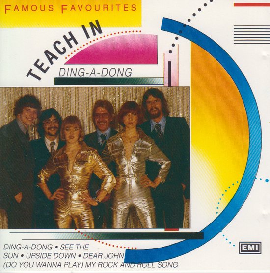 Groepsfoto van de band Teach In in glimmende outfits, "Famous Favourites", "Teach In", "Ding-a-Dong".