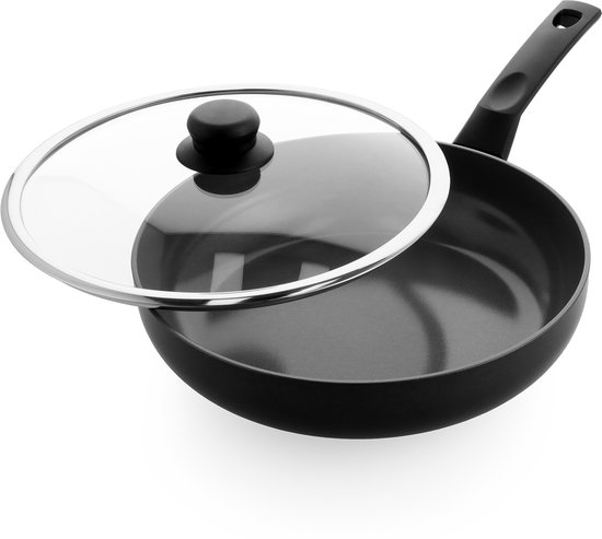 BK Easy Basic Ceramic Hapjespan 28cm met deksel - 3.4l - PFAS-vrije antikleeflaag - Hapjespan inductie - Keramische pan - Ovenbestendig tot 160°C - Met glazen deksel - Zwart