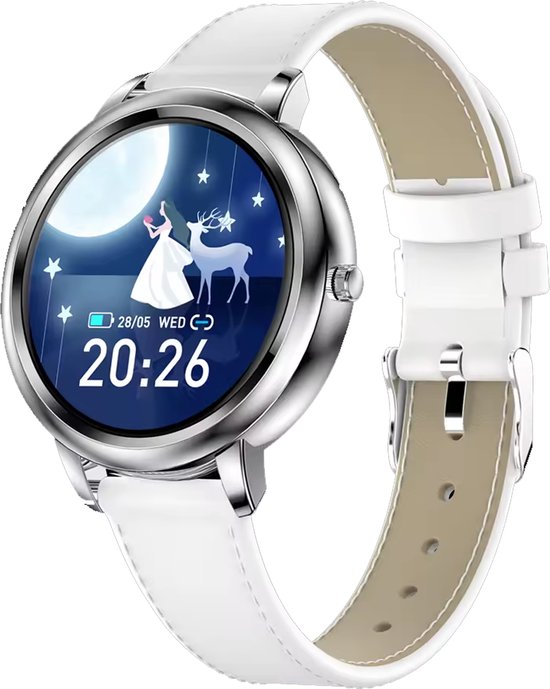 Darenci Smartwatch Classy Pro - Smartwatch dames - Smartwatch heren - Activity Tracker - Touchscreen - Lederen band - Dames - Heren - Horloge - Stappenteller - Bloeddrukmeter - Verbrande calorieën - Zuurstofmeter - Zilver - Wit - Spatwaterdicht