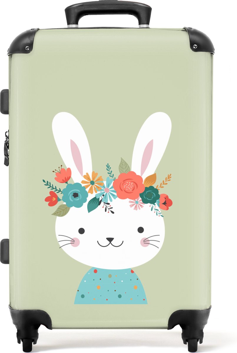 NoBoringSuitcases.com® Kinderkoffer meisje - Konijn - Bloemen - Groen - Meisjes - Kind - Koffer dieren - Meisjeskoffer - Trolley meisje - 66 cm - Reiskoffer meisje