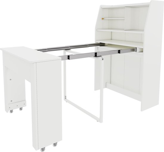 Witte uittrekbare tafel met zichtbaar metalen uitschuifmechanisme.