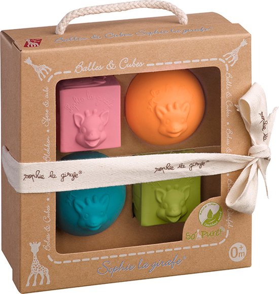 Sophie de giraf So'Pure Speelset - Blokken- en ballenset - Baby Speelgoed - Kraamcadeau - Babyshower cadeau - 100% Natuurlijk rubber - Vanaf 3 maanden - Roze/Oranje/Blauw/Groen