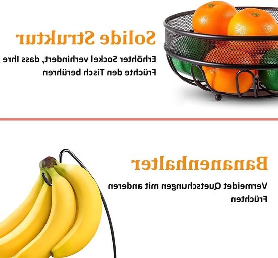 WELDUN Lot De 2 Corbeilles Fruits Légumes Métal Mural – Panier Suspendu Cuisine Avec Support Bananes & Étagère Bois – Rang Rangement Gain De Place