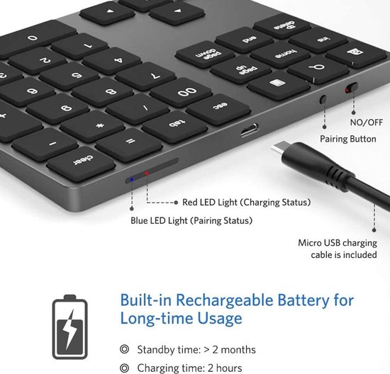 Draadloos Numeriek Toetsenblok, 2,4 GHz 18 Toetsen Numpad Mini USB Numeriek Toetsenbord en Muiscombinatie met USB Ontvanger voor Laptop, PC, Desktop