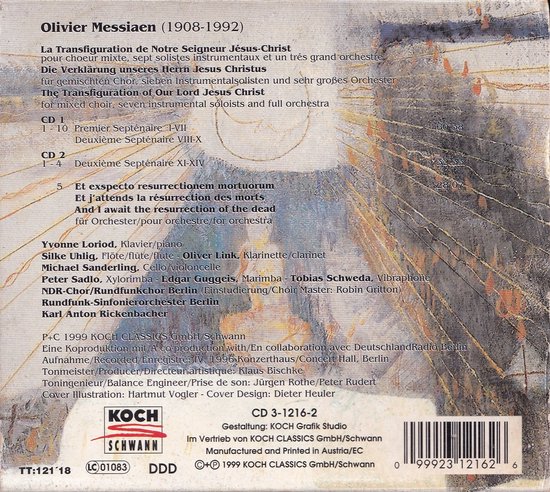 Achterkant van een albumhoes met tekst en een abstracte kunstafbeelding op de achtergrond.