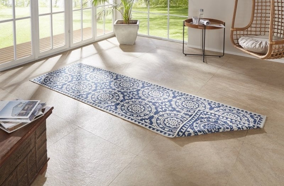 flycarpets Loper Omkeerbaar Binnen & Buitenkleed Laagpolig Loper Jardin- Blauw / Creme - 80x250 cm