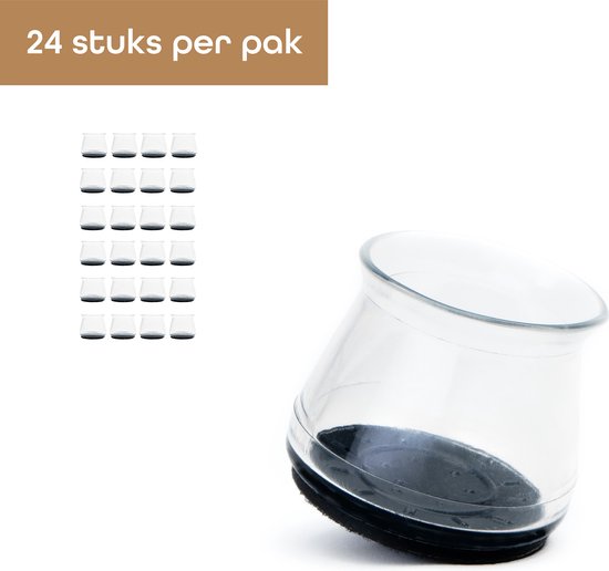 24 stuks per pak transparante stoelpootbeschermers, met een close-up van één beschermer.