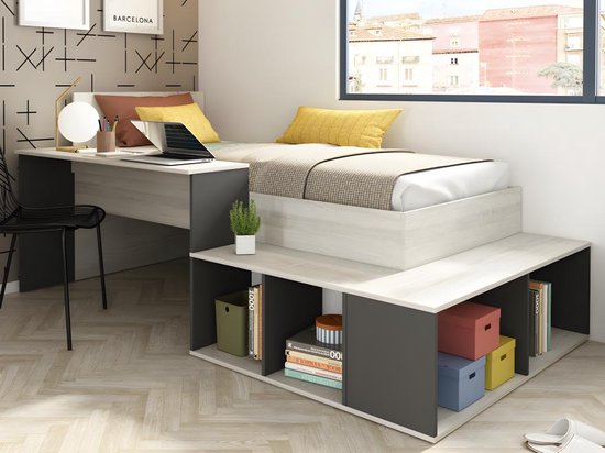 Lit mezzanine 90 x 200 cm avec rangements et bureau - Couleur : naturel et anthracite + sommier - RIGALI L 233,2 cm x H 100,5 cm x P 128,8 cm