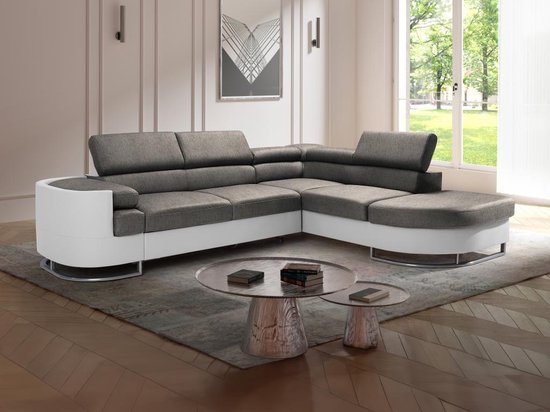 Canapé-lit d'angle avec coin droit en simili cuir blanc et gris MYSEN II L 276 cm x H 72 cm x P 220 cm