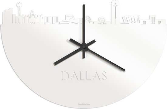 Skyline Klok Dallas Wit Glanzend - Ø 40 cm - Stil uurwerk - Wanddecoratie - Meer steden beschikbaar - Woonkamer idee - Woondecoratie - City Art - Steden kunst - Cadeau voor hem - Cadeau voor haar - Jubileum - Trouwerij - Housewarming - WoodWideCities