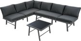 Merax Garten-Lounge-Set aus Aluminium, Gartenmöbel-Set, Lounge-Set für 5-6 Personen, 2 Ecksofas, 1 Tisch, Enthält 7 graue Kissen, 4 graue Kissen, dunkelgraues Aluminiumgestell mit Schutzfüßen