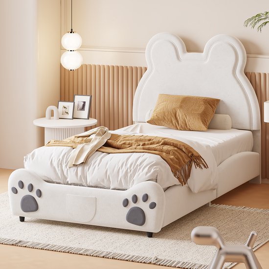 Sweiko Gestoffeerd bed Kinderbed, 90 x 200 cm, beervorm, Eenpersoonsbed gemaakt van huidvriendelijk velours, Wit
