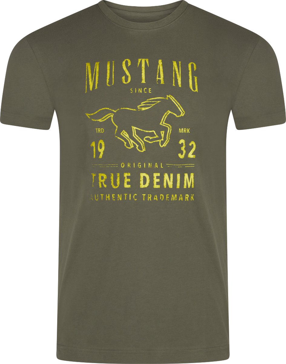 Mustang Heren T-Shirt Basic Print Tee regular fit Olijf 6XL Ronde Hals Volwassenen Opdruk Print Shirts