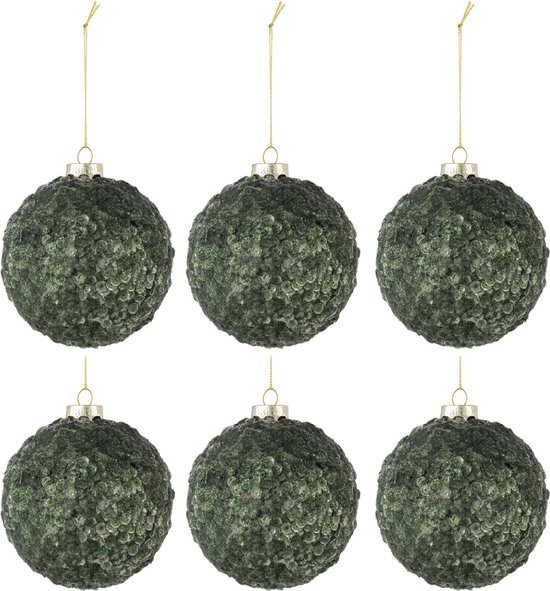 J-Line kerstballen Paillettensuiker - glas - donkergroen - doos Van 6 - small