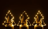 J-Line Kerstboom - hout - wit/goud/naturel - LED lichtjes - 3 stukjes