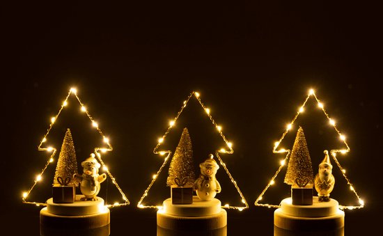 J-Line Kerstboom - hout - wit/goud/naturel - LED lichtjes - 3 stukjes