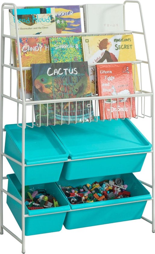 Rootz Kinderboekenplank met speelgoedopberger - Organisatorplank - Kinderboekenkast - Duurzaam metaal en PP-kunststof - Versterkte stabiele voeten - 61 cm x 102 cm x 25 cm