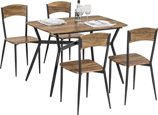 Eetkamerset: Ronde tafel in Eiken / Wit met 4 gele rieten stoelen