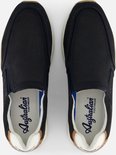 Vue de dessus de mocassins bleus 'Australian Footwear' avec une semelle blanche et des accents marron.