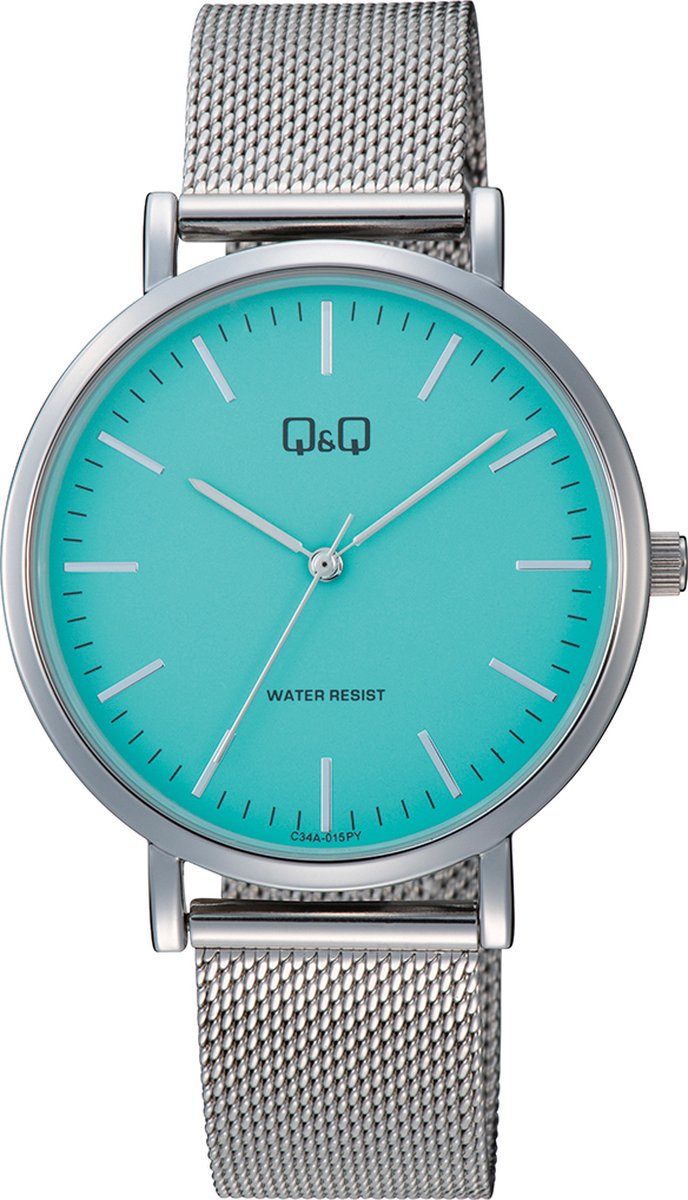 QQ C34A-015PY - Horloge - Analoog - Unisex - Milanese-Mesh stalen band - Rond - Metaal - Streepen - Zilverkleurig - Turkoois groen