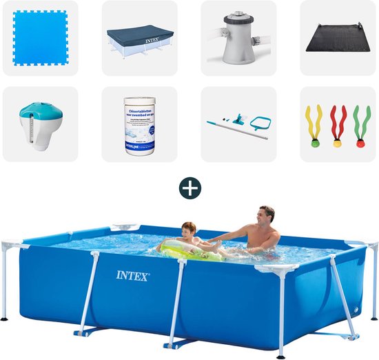 Intex zwembad - Complete set - 260x160x65 cm - Inclusief zwembadtegels - Afdekzeil - Filterpomp - Solarmat - Chloordrijver+thermometer - Chloortabletten - Onderhoudsset - Duikspeelgoed