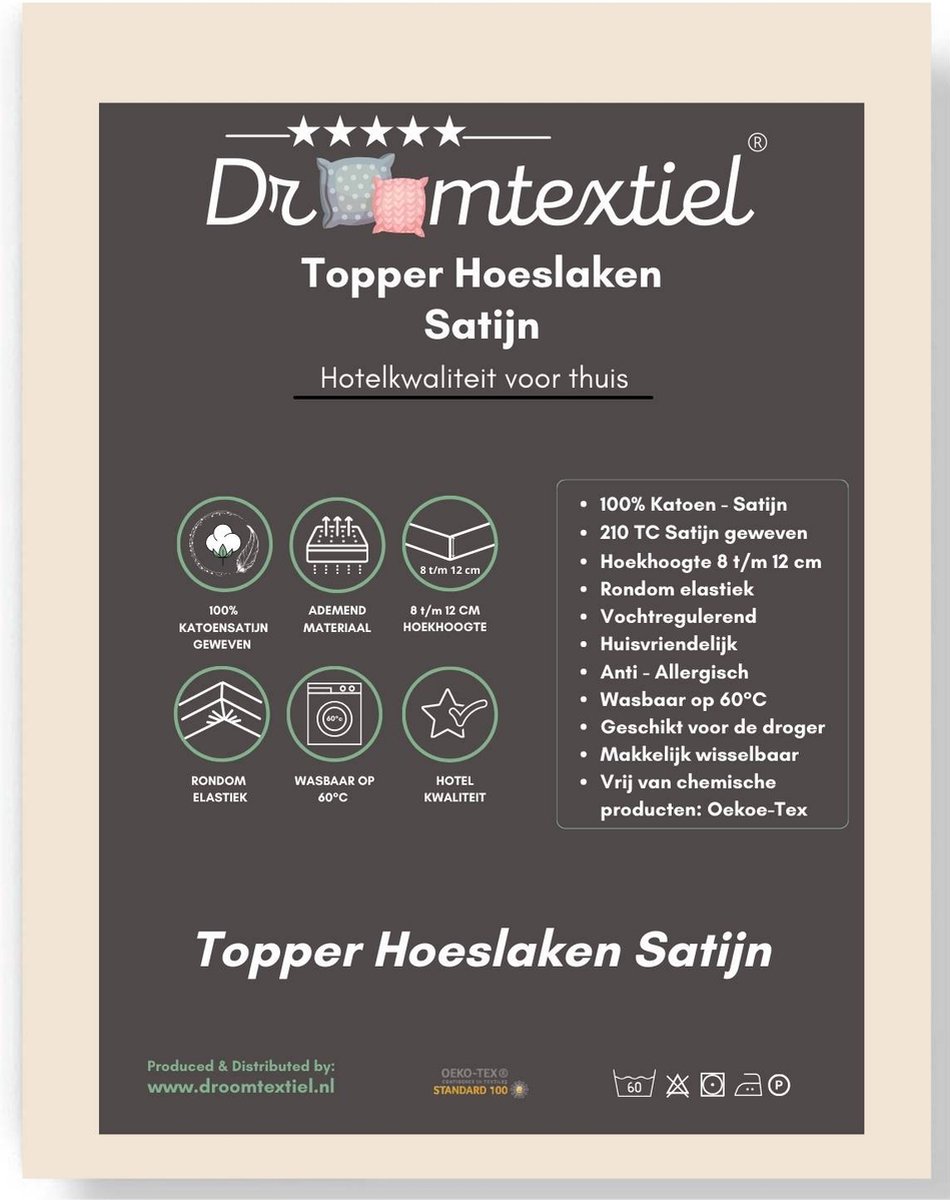 Droomtextiel Hoeslaken Topper - 100% Katoen Satijn 90x200 cm - Tot 12 cm Matrashoogte - Perfecte Pasvorm - Zand