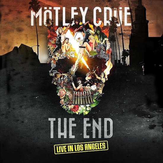 Mötley Crüe, The End, Live in Los Angeles. Een schedel artwork met bandleden en vuurwerk.