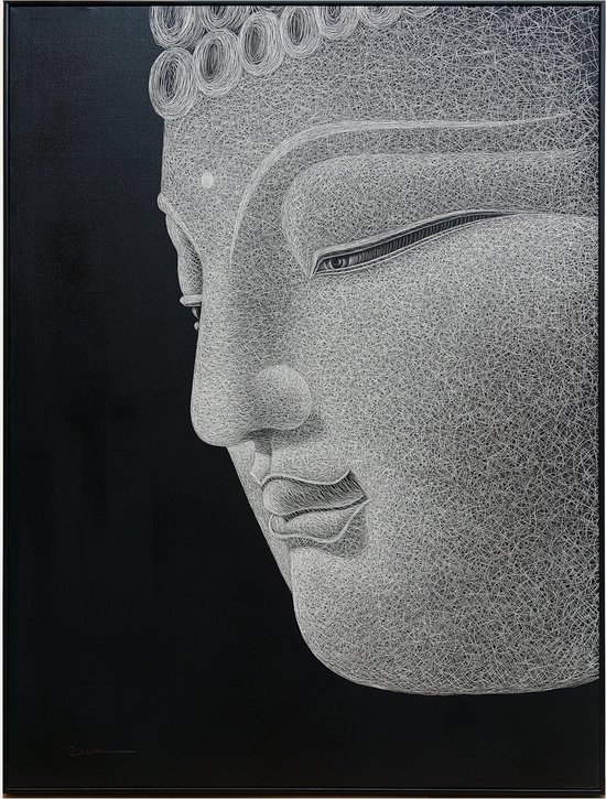 Fine Asianliving Olieverf Schilderij 100% Handgegraveerd 3D met Reliëf Effect en Zwarte Omlijsting 90x120cm Boeddha Grijs