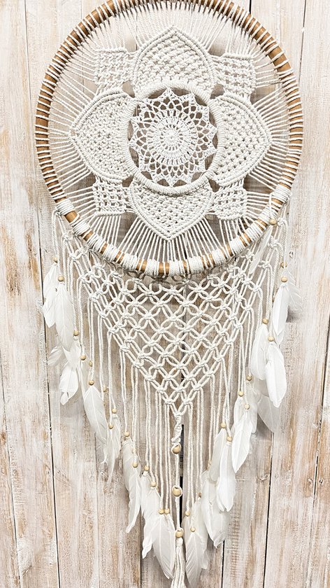 Dromenvanger fleur brodée macramé perles naturelles blanc/naturel ±40cm