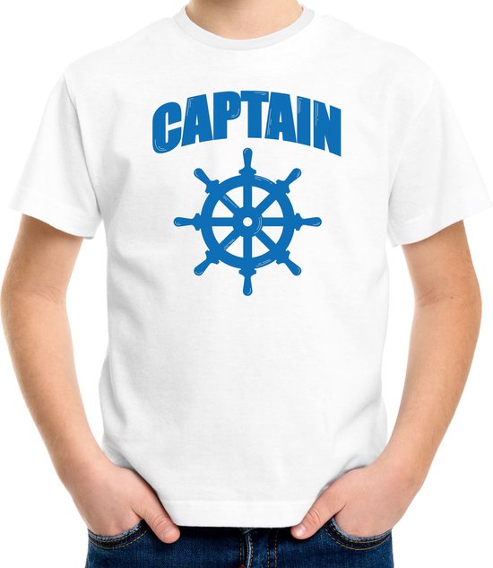 Captain / kapitein met stuur verkleed t-shirt wit voor kinderen - maritiem carnaval / feest shirt kleding / kostuum 158/164