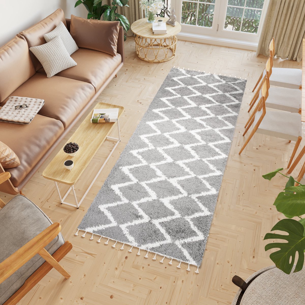 Tapiso Boho Loper Grijs Modern Hoogpolig Kwastjes Woonkamer Vloerkleed Maat- 100x200