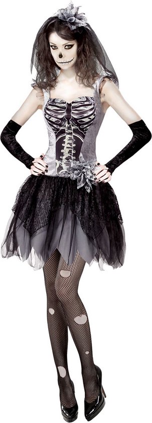 Widmann - Spook & Skelet Kostuum - Skinny Skelet Bruidje - Vrouw - Zwart, Grijs - Large - Halloween - Verkleedkleding