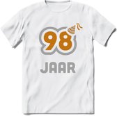 98 Jaar Feest T-Shirt | Goud - Zilver | Grappig Verjaardag Cadeau Shirt | Dames - Heren - Unisex | Tshirt Kleding Kado | - Wit - 3XL