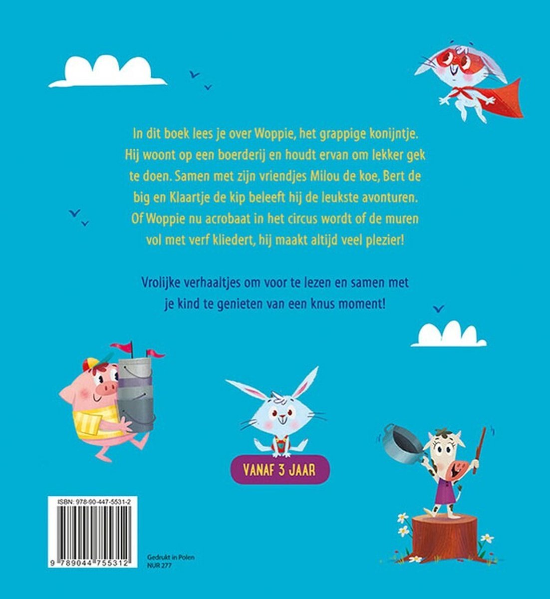 Achterkant boek 'De avonturen van Woppie het konijn' met afbeeldingen van Woppie en zijn vrienden en een samenvatting.
