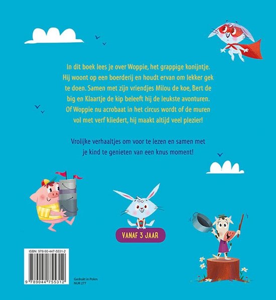 Achterkant boek 'De avonturen van Woppie het konijn' met afbeeldingen van Woppie en zijn vrienden en een samenvatting.