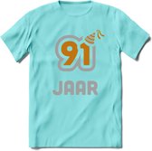 91 Jaar Feest T-Shirt | Goud - Zilver | Grappig Verjaardag Cadeau Shirt | Dames - Heren - Unisex | Tshirt Kleding Kado | - Licht Blauw - XL