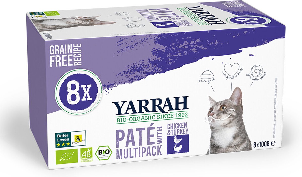 8x Yarrah Bio Kattenvoer Multipack Paté Graanvrij Kip – Kalkoen 8 x 100 gr