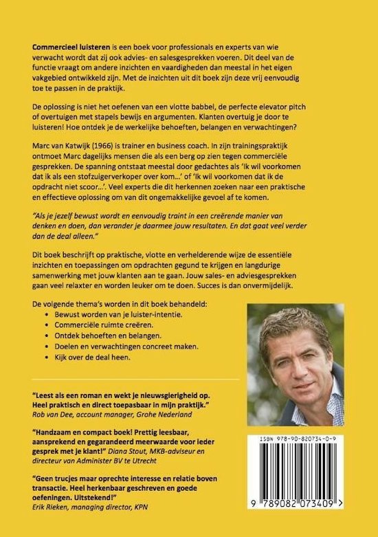 Achterkant van het boek "Commercieel Luisteren" met een portretfoto van een man en de ISBN-code.