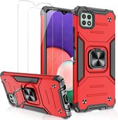 Samsung A22 Hoesje Heavy Duty Armor Hoesje Rood - Samsung Galaxy A22 5G Case Kickstand Ring cover met Magnetisch Auto Mount- Samsung A22 5G screenprotector 2 pack