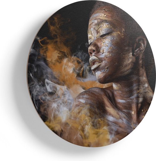 Artaza Houten Muurcirkel - Afrikaanse Vrouw Met Zilver En Goud - Ø 60 cm - Multiplex Wandcirkel - Rond Schilderij