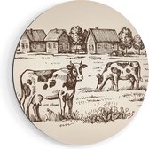 Artaza Dibond Muurcirkel Getekende Koeien Op Een Boerderij - Abstract - Ø 80 cm - Groot - Wandcirkel - Rond Schilderij - Voor Binnen en Buiten