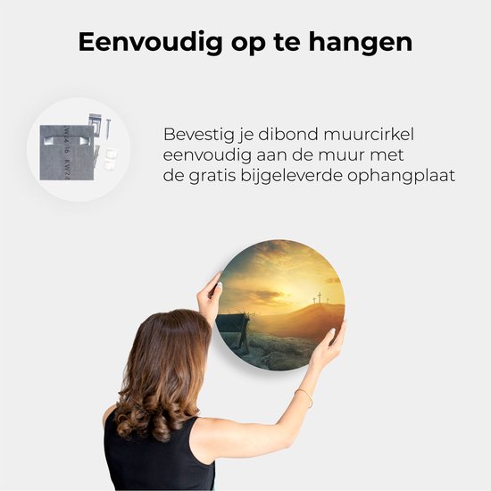 Artaza Dibond Muurcirkel Kribbe en Drie Kruisen  - Ø 60 cm - Wandcirkel - Rond Schilderij - Voor Binnen en Buiten